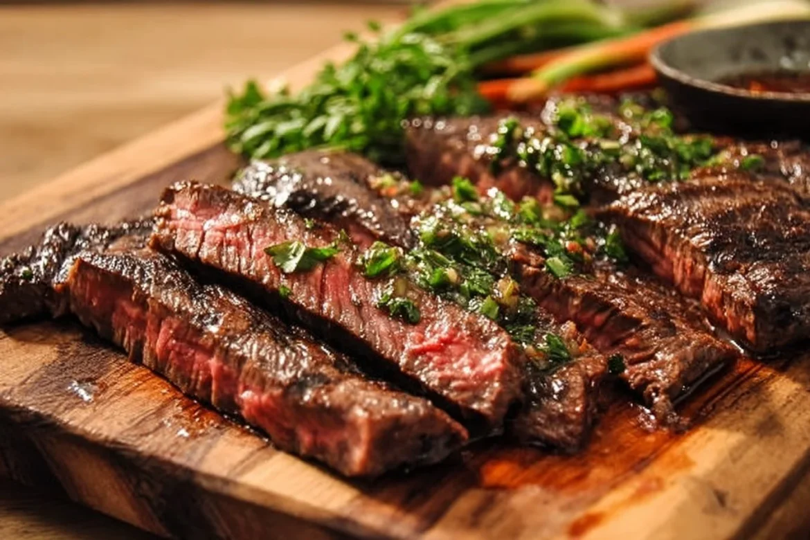 A beautifully grilled marinated skirt steak served on a plate with vegetables