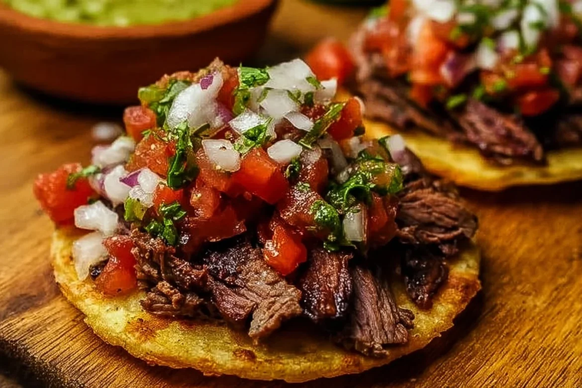 Delicious Mexican grilled beef tostadas topped with fresh ingredients