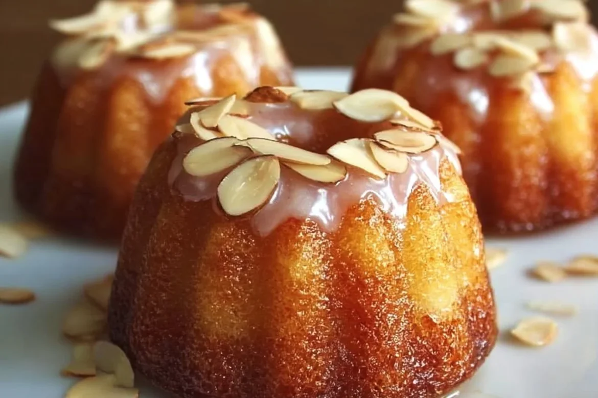 Mini Almond Bundt Cakes topped with creamy frosting and almonds