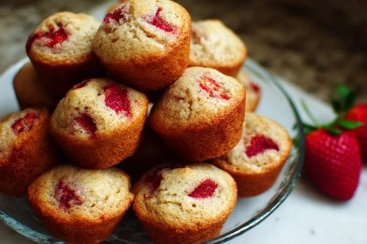 Freshly baked mini strawberry muffins with ripe strawberries and golden tops