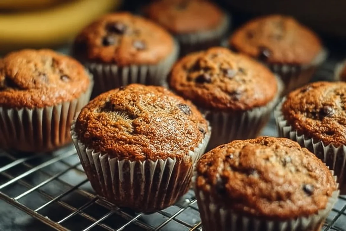 Freshly baked moist banana bread muffins on a wooden table
