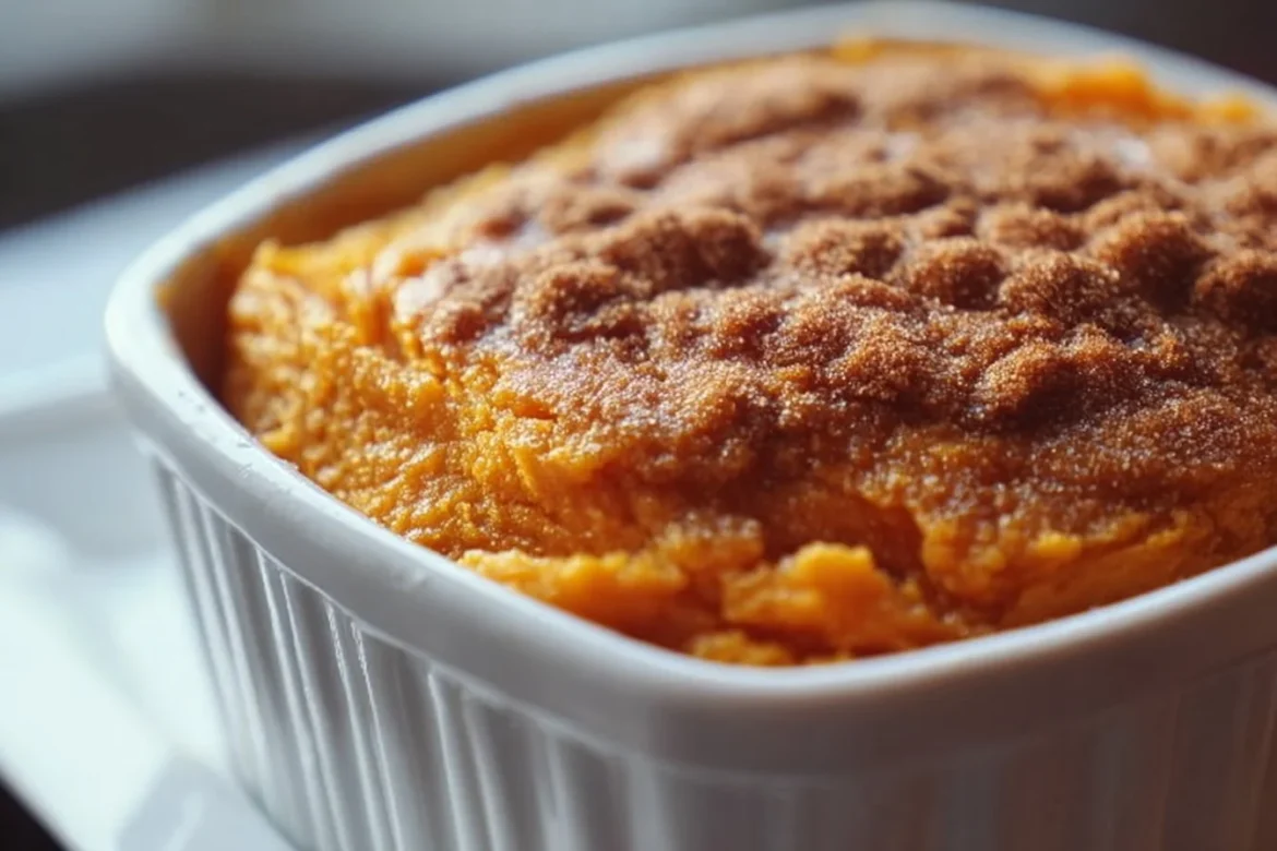 Moist sweet potato souffle topped with a golden crust, served in a baking dish.
