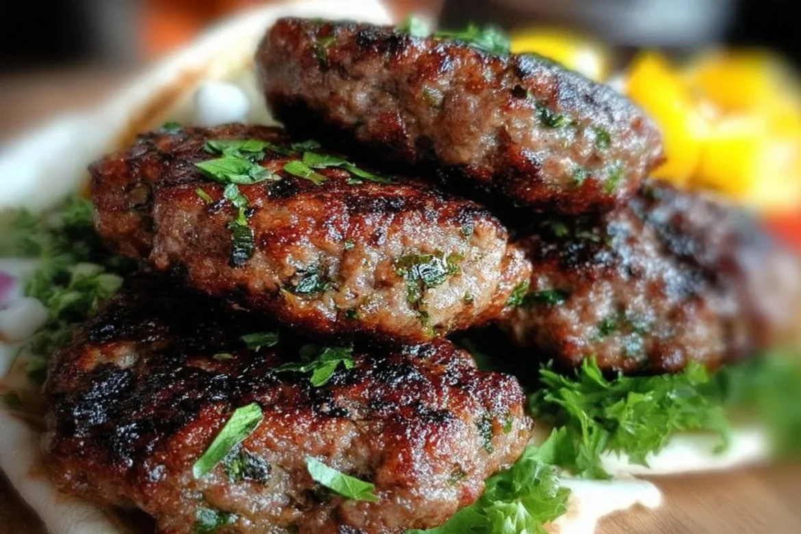 Delicious Lebanese Kafta served on a platter with fresh herbs and sides
