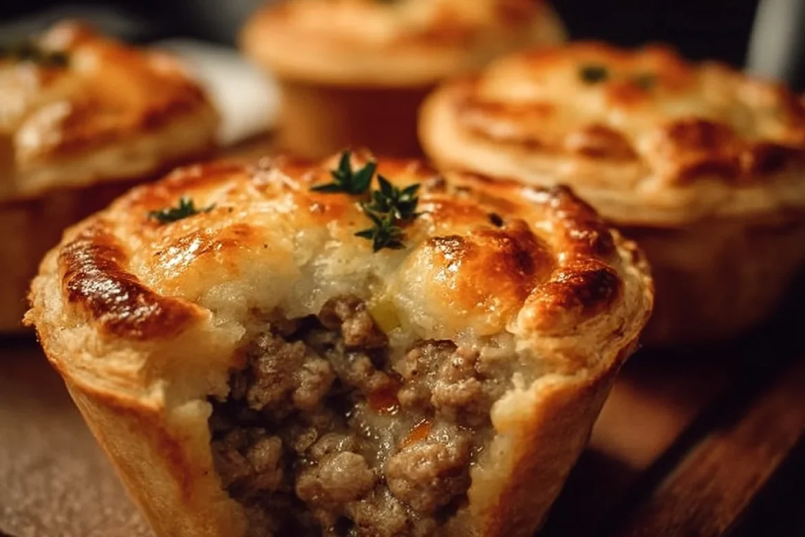 Delicious muffin tin meat pies fresh out of the oven, golden and flaky.