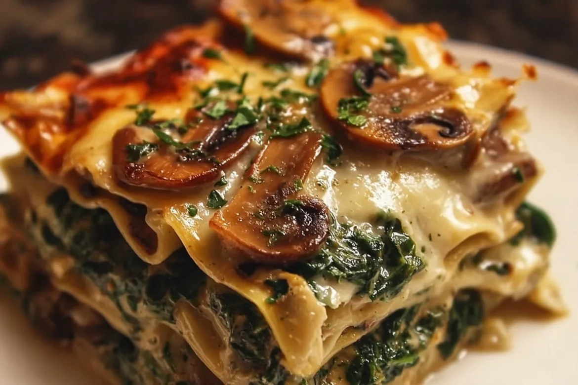 Delicious mushroom and spinach lasagna with layers of cheese and sauce