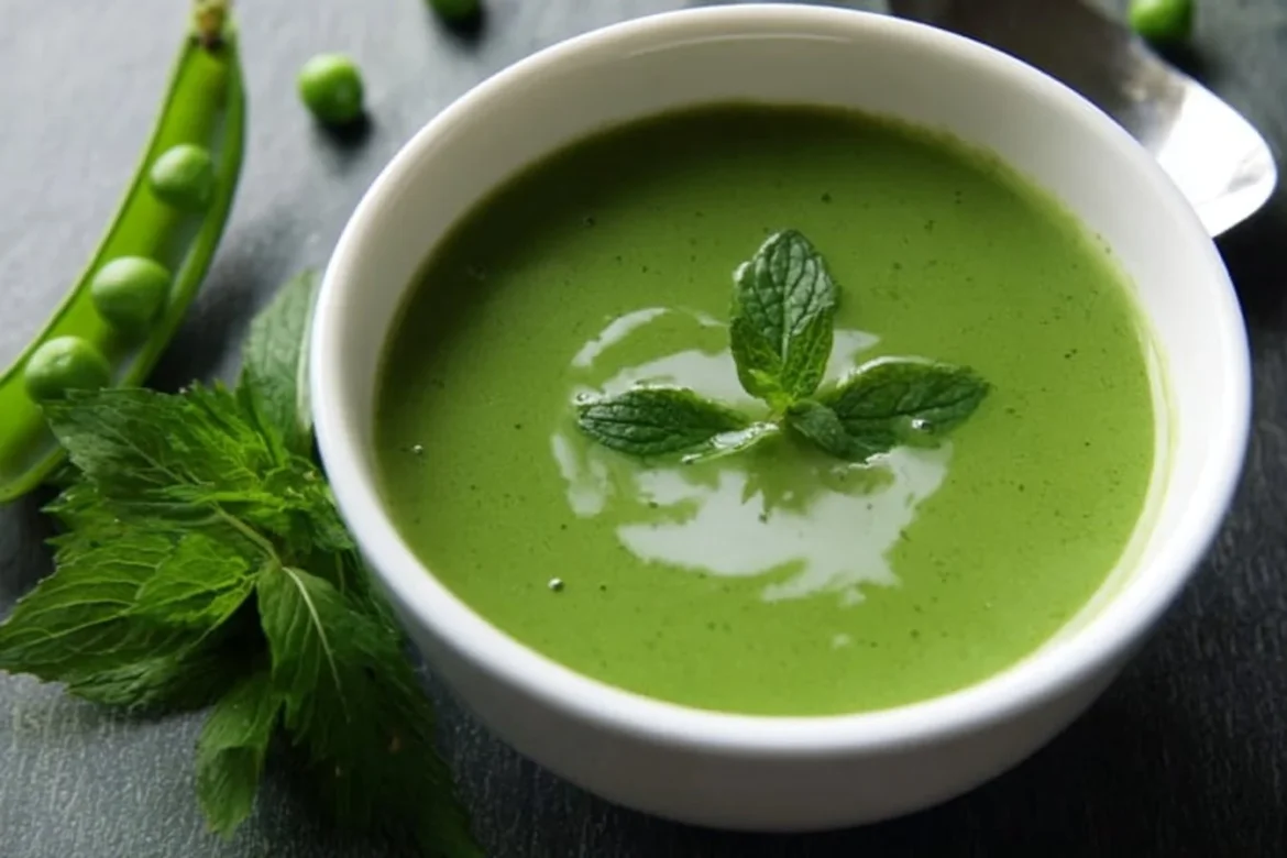 Bowl of Nigella pea and mint soup garnished with fresh mint leaves.