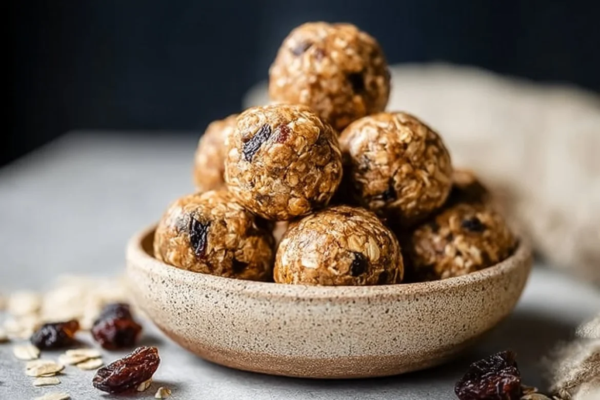 No-bake oatmeal raisin protein balls on a wooden table