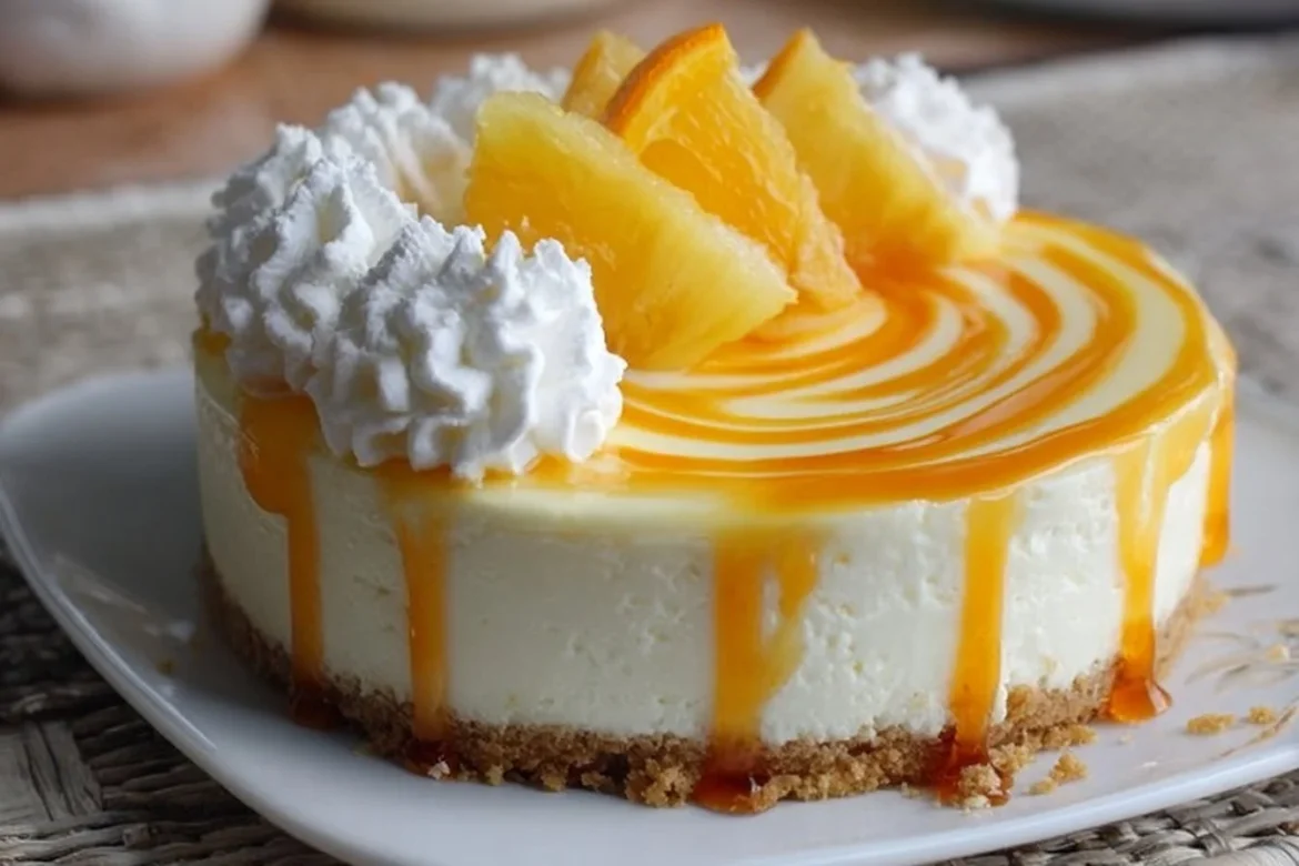 No-Bake Orange Pineapple Swirl Cheesecake garnished with tropical fruits