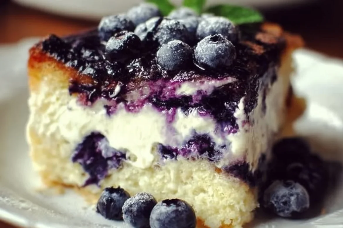 Slice of Nova Scotia Blueberry Cream Cake topped with fresh blueberries