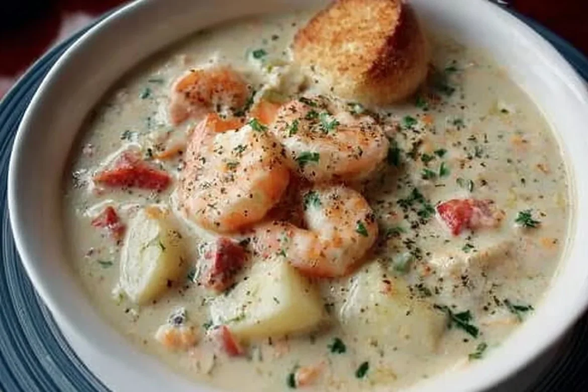 Bowl of Nova Scotia seafood chowder topped with fresh herbs