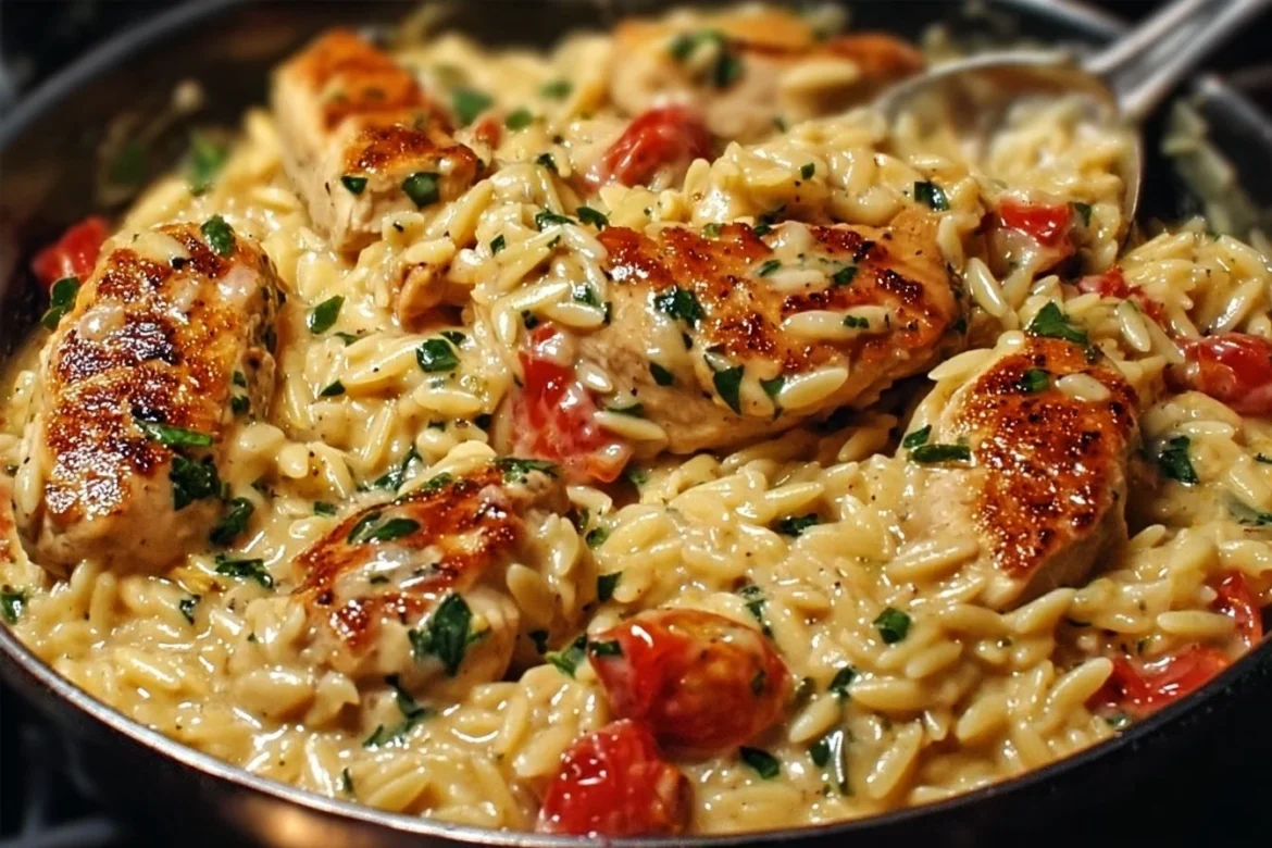 One-Pot Cajun Chicken Alfredo Orzo dish garnished with herbs