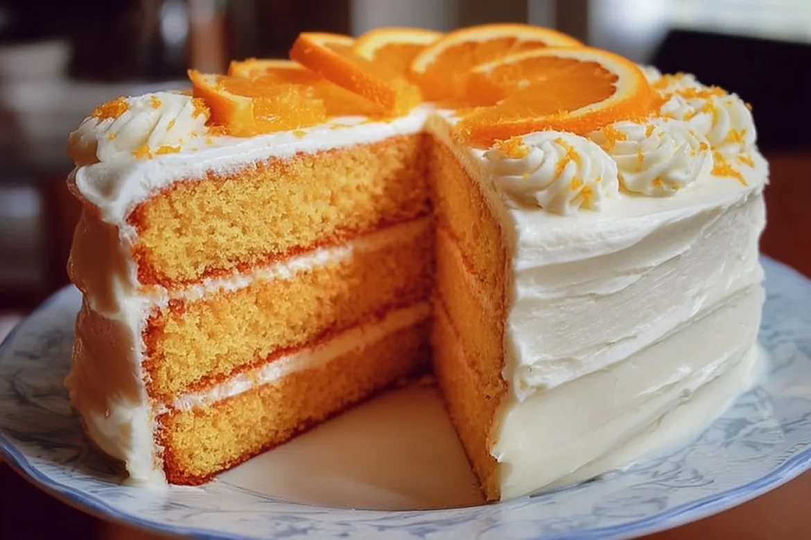 Delicious Orange Creamsicle Cake with orange frosting and vanilla layers