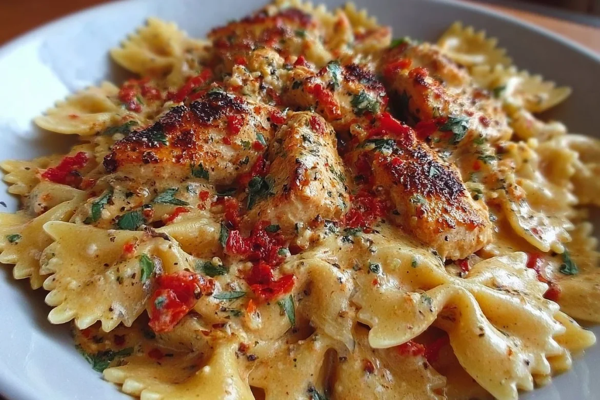 Parmesan Roasted Red Pepper Chicken Bowties in Garlic Cream dish