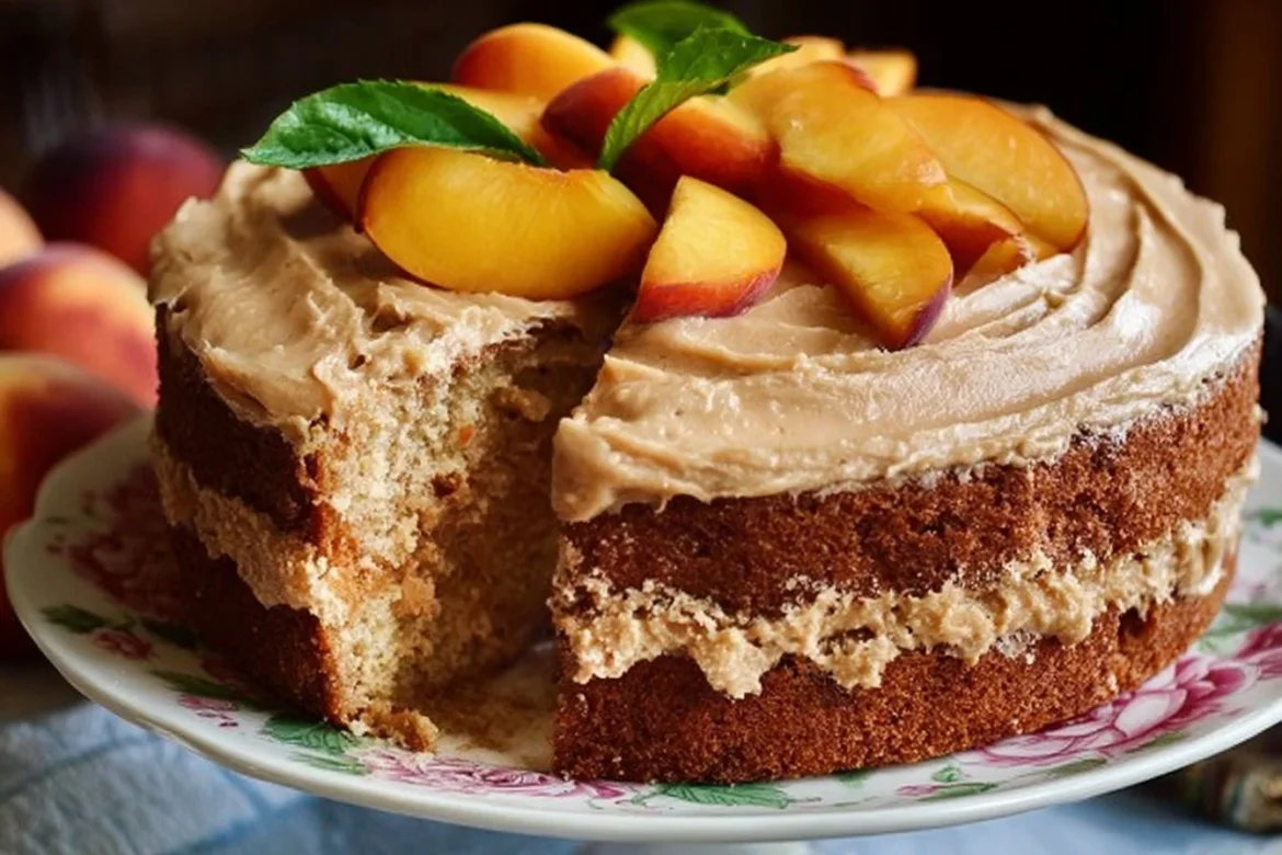 Delicious peach cake topped with brown sugar frosting on a white plate.