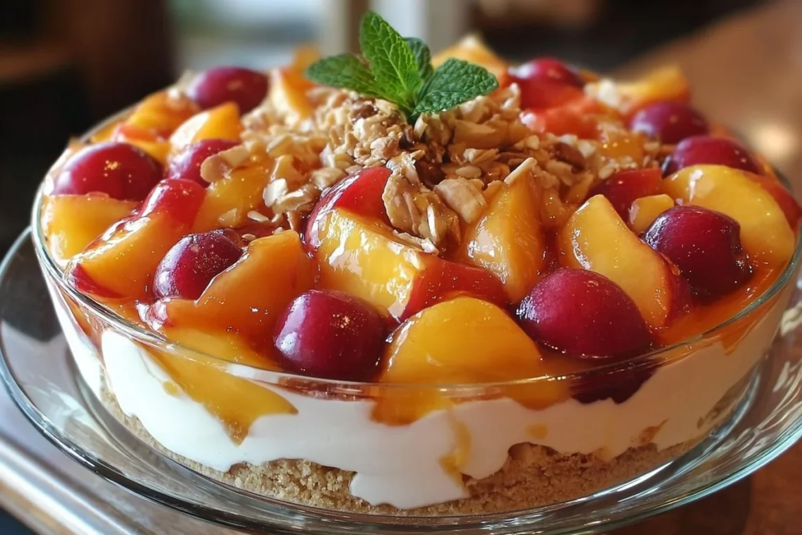 Delicious Peach Cobbler Cheesecake Fruit Salad served in a bowl