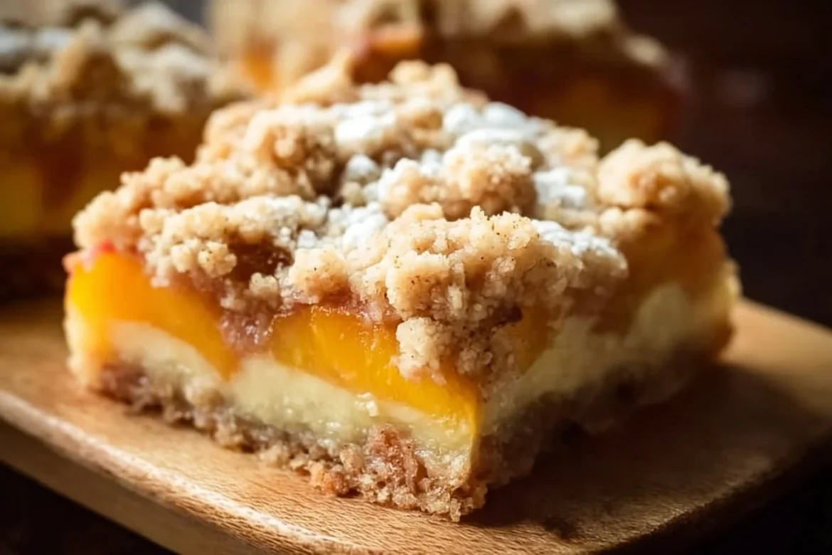 Peach pie crumble bars with a golden topping and fresh peach filling