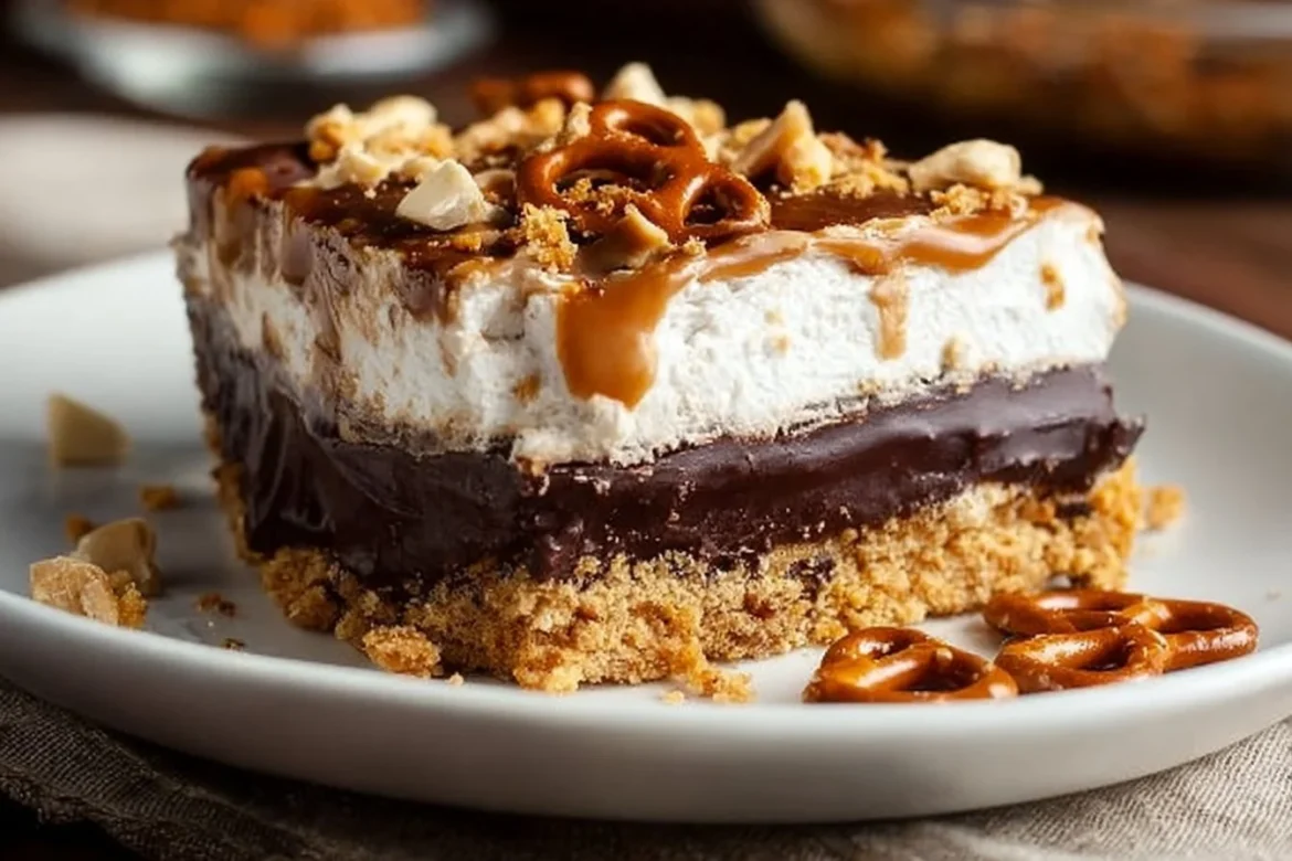 Delicious Peanut Butter Pretzel Pie with a creamy filling and crunchy pretzel crust