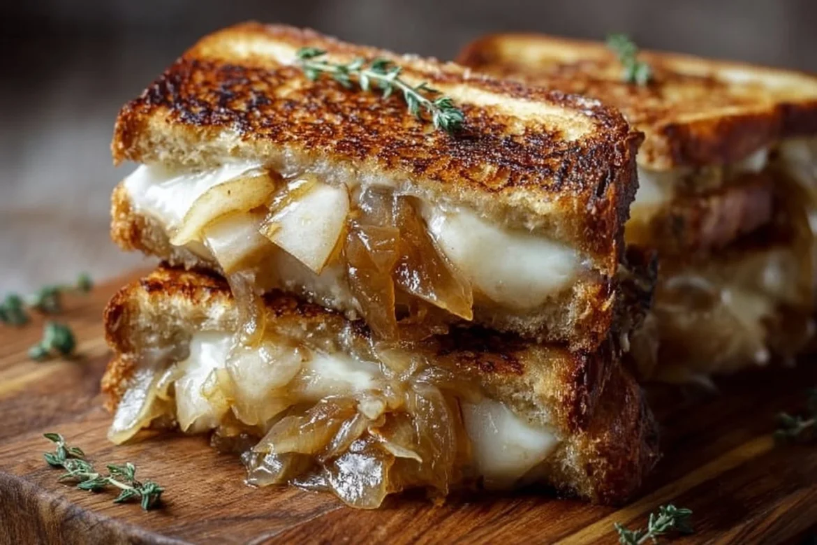 Pear & Apple Grilled Cheese with Caramelized Onions on a plate