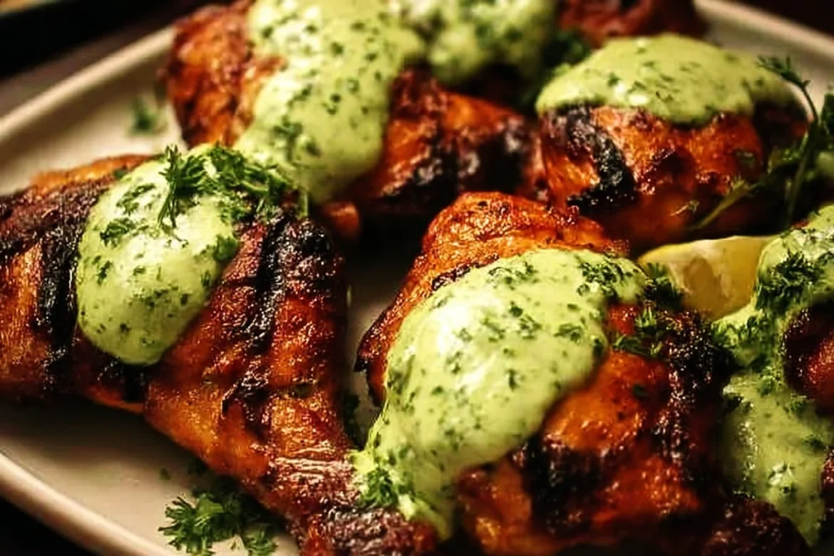 Peruvian grilled chicken served with creamy green sauce on a plate