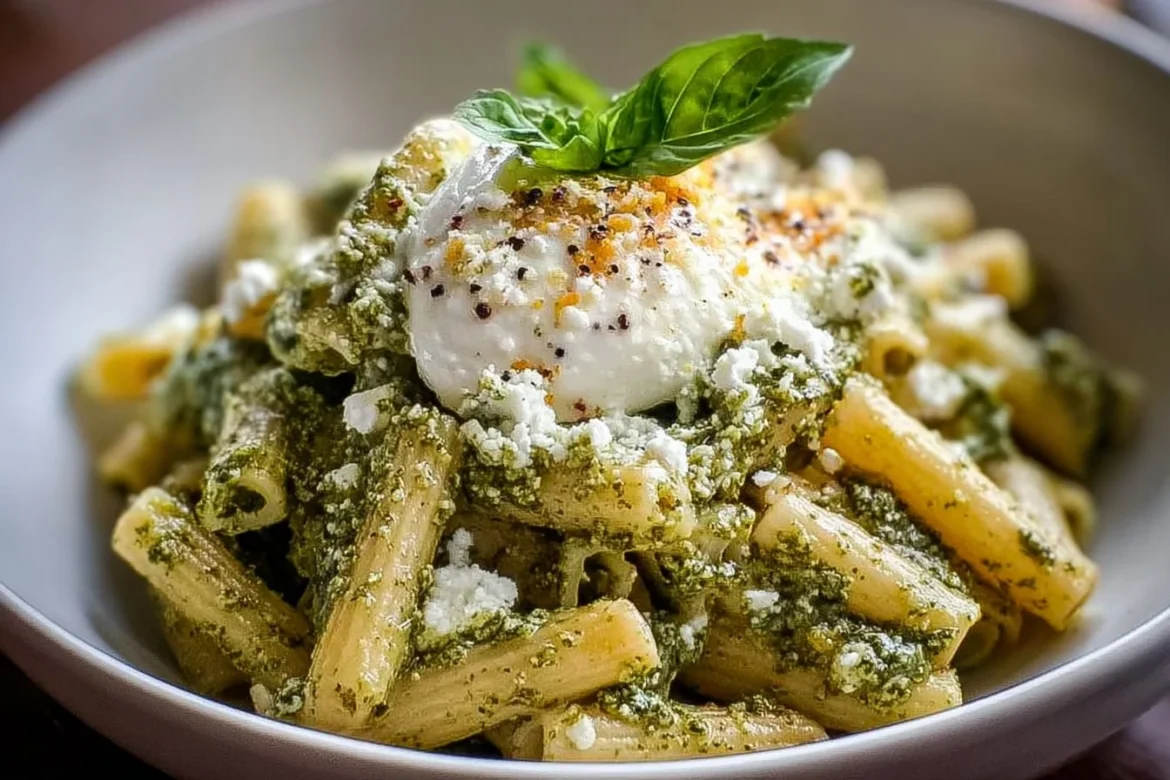 Pesto Goat Cheese Pasta with fresh ingredients and a creamy sauce