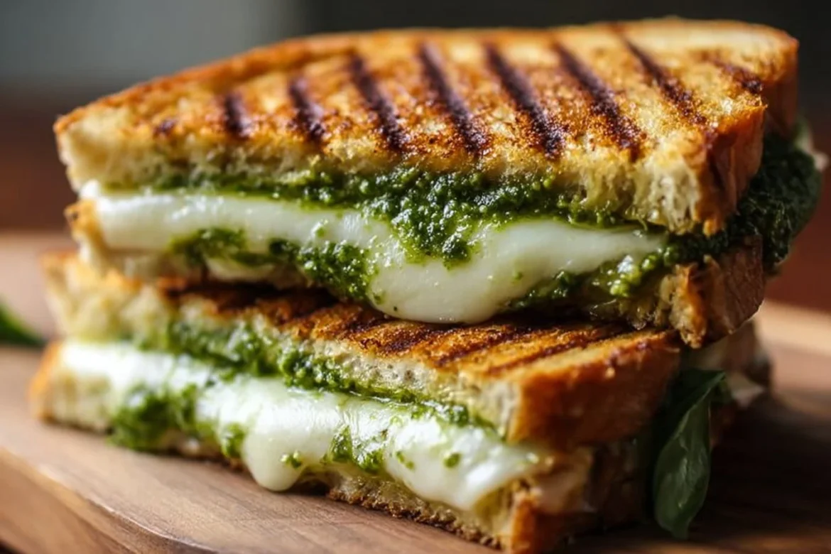 Pesto Mozzarella Grilled Cheese sandwich with fresh basil and melted cheese