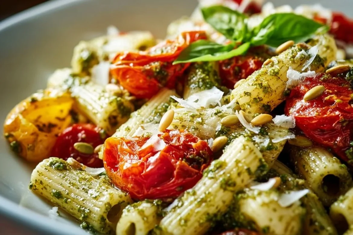 Pesto pasta with roasted tomatoes, a delicious and vibrant dish