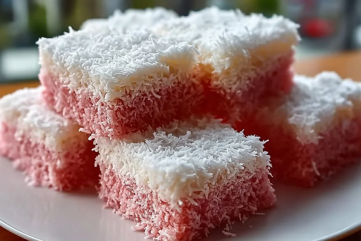 Delicious pink coconut snowball cake bars topped with coconut flakes.