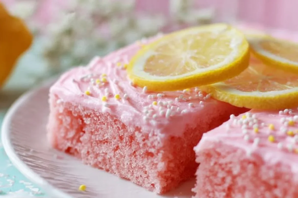 Pioneer Woman's delicious pink lemonade sheet cake on a serving platter