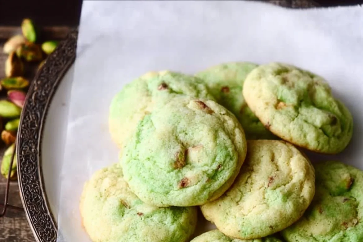 Baked pistachio pudding cookies on a rustic wooden table