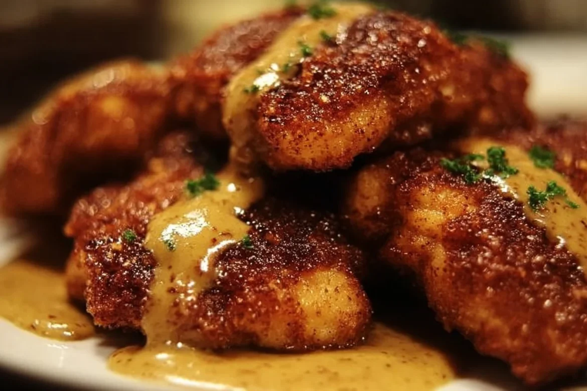 Delicious Pretzel Chicken drizzled with Mustard-Cheddar Sauce on a plate.
