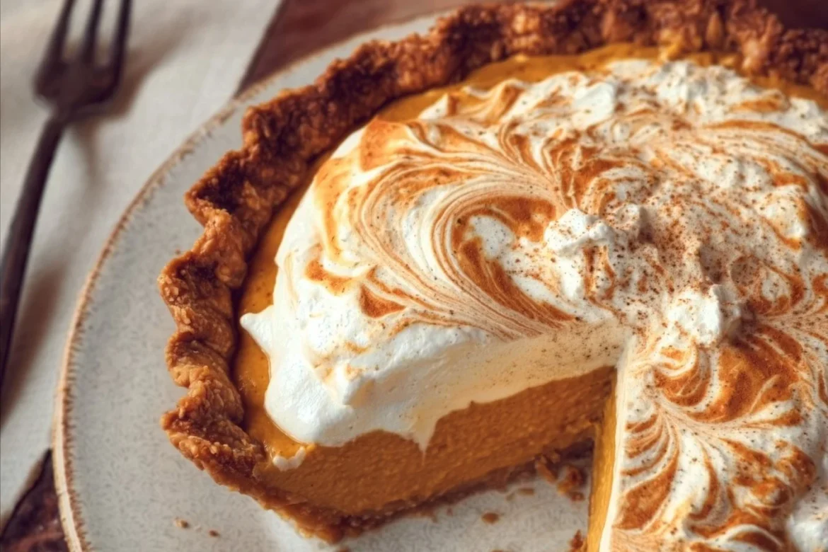 Creamy pumpkin pie topped with mascarpone cheese, perfect for autumn desserts.