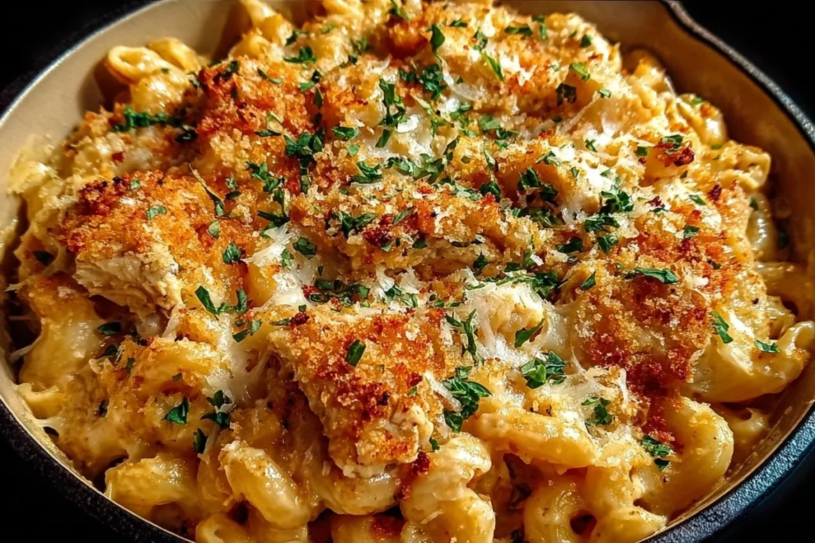 One-Pot Chicken Parmesan Mac & Cheese served in a bowl with cheese and parsley