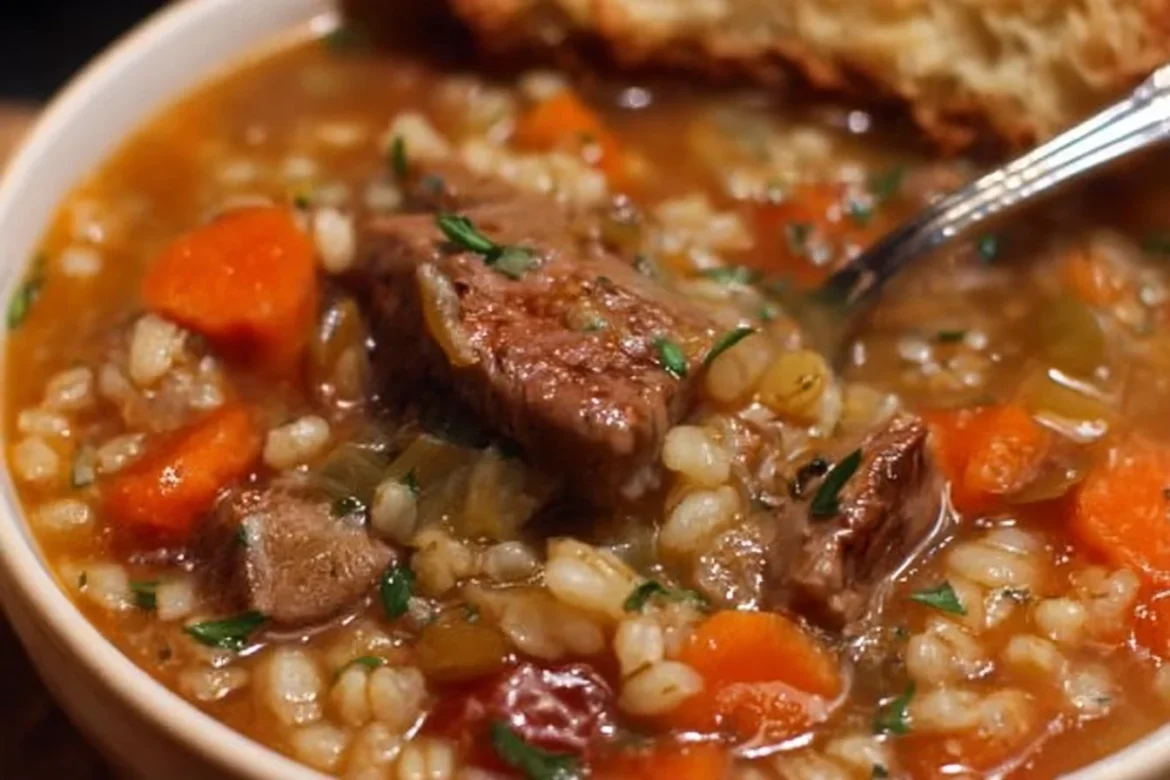 Bowl of quick and healthy beef barley soup with vegetables