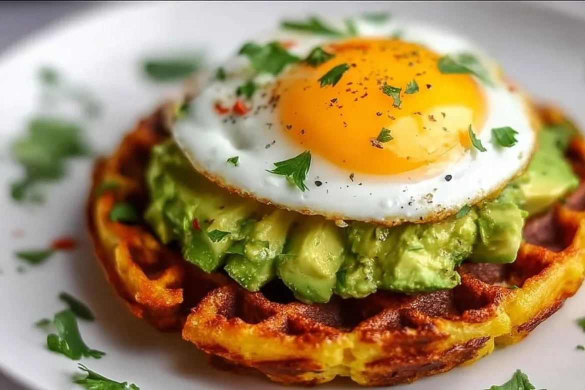 Quick and easy avocado toast chaffle topped with fresh ingredients.