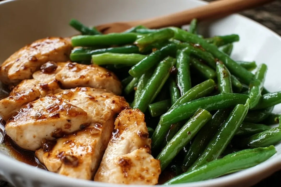 Quick chicken breast with green beans on a plate for a healthy meal