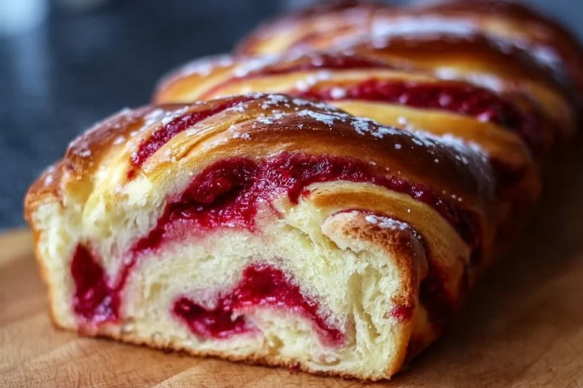 Freshly baked Raspberry Swirl Brioche Loaf with a vibrant raspberry swirl