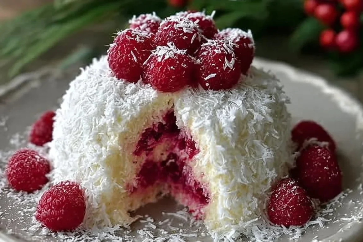 Raspberry Swirl Coconut Snowball Cake with tropical flavors