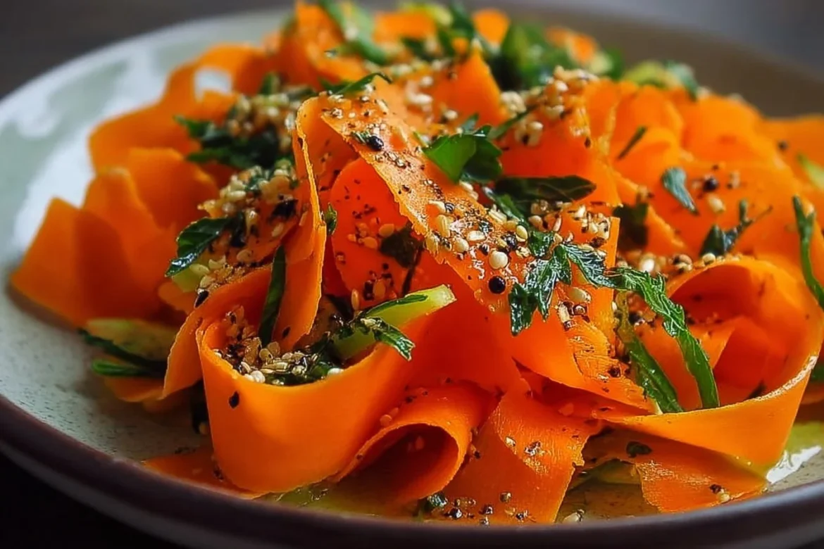 Fresh raw carrot ribbon salad with vibrant colors and healthy ingredients