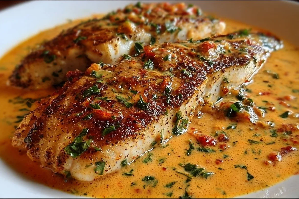 Red snapper fillet topped with creamy Creole sauce and garnished with herbs