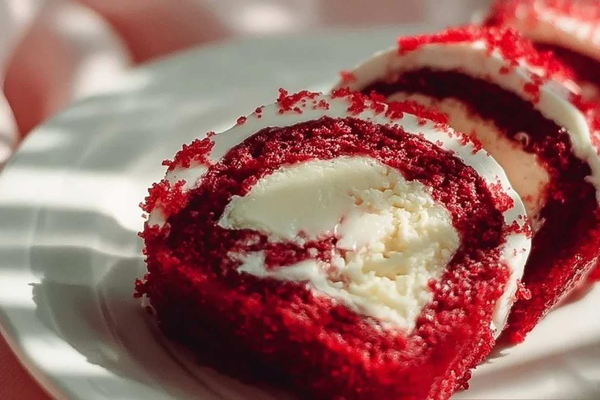 Delicious Red Velvet Cheesecake Sushi Roll dessert with creamy layers