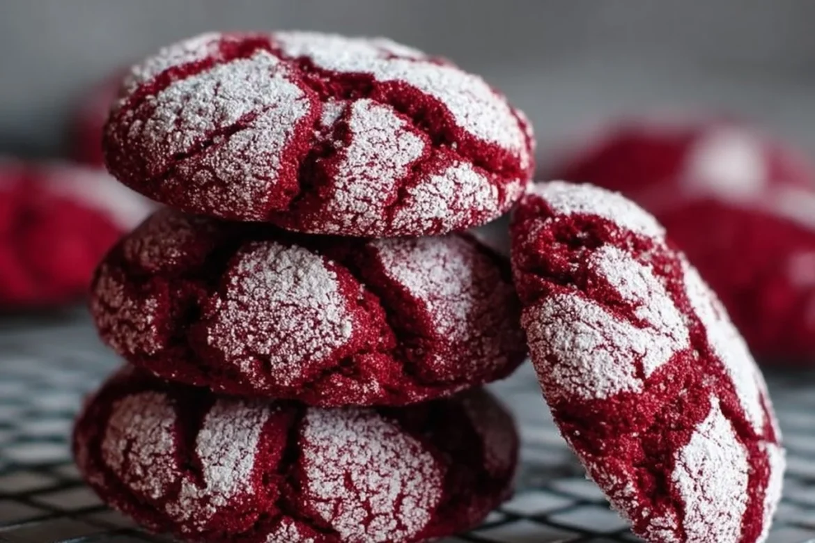 Delicious Red Velvet Crinkle Cookies on a plate, showcasing their vibrant color and crinkle texture.