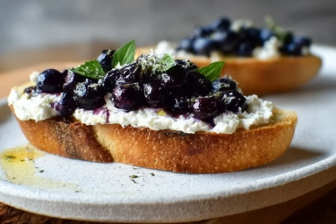 Delicious ricotta blueberry toast topped with fresh blueberries and drizzled honey