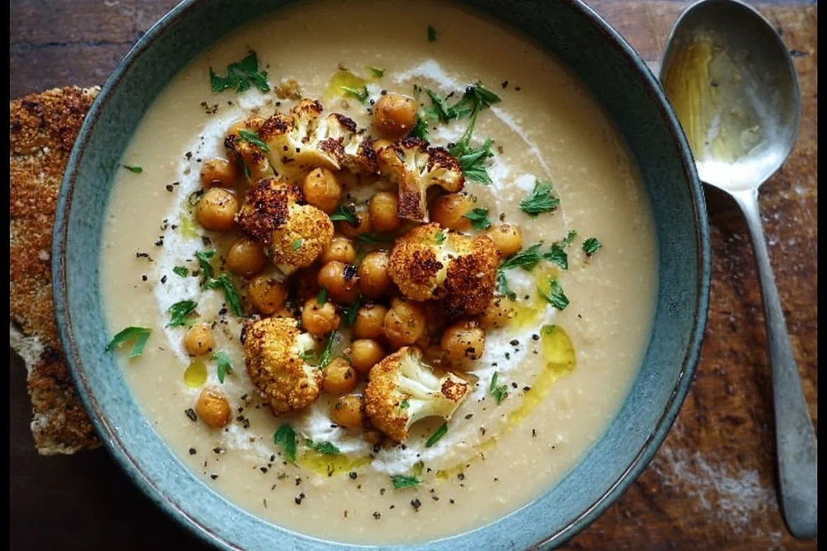 Bowl of roasted cauliflower and chickpea soup garnished with herbs