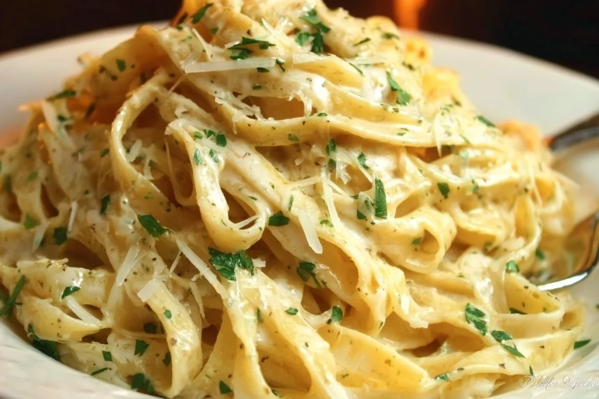 Plate of Roasted Garlic Asiago Fettuccine topped with fresh herbs