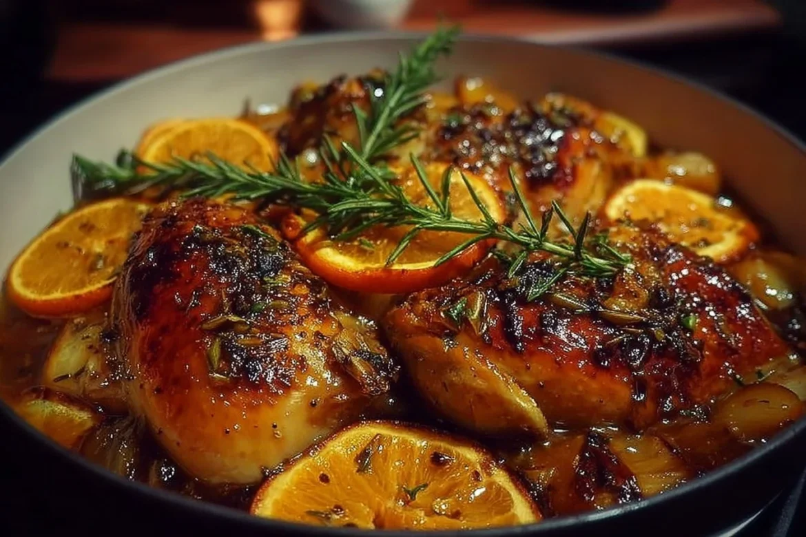 Delicious roasted orange chicken garnished with fresh herbs and served on a plate.
