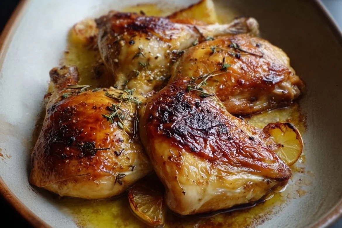 Delicious roasted saffron lemon chicken garnished with herbs