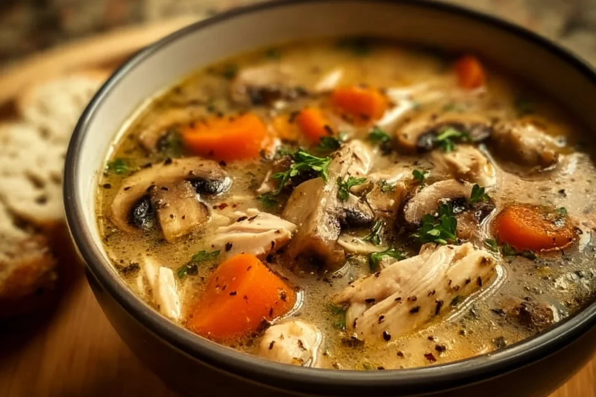 Delicious bowl of rotisserie chicken mushroom soup with fresh herbs