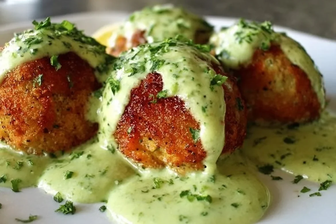 Delicious salmon balls served with creamy avocado sauce, perfect for a healthy meal.