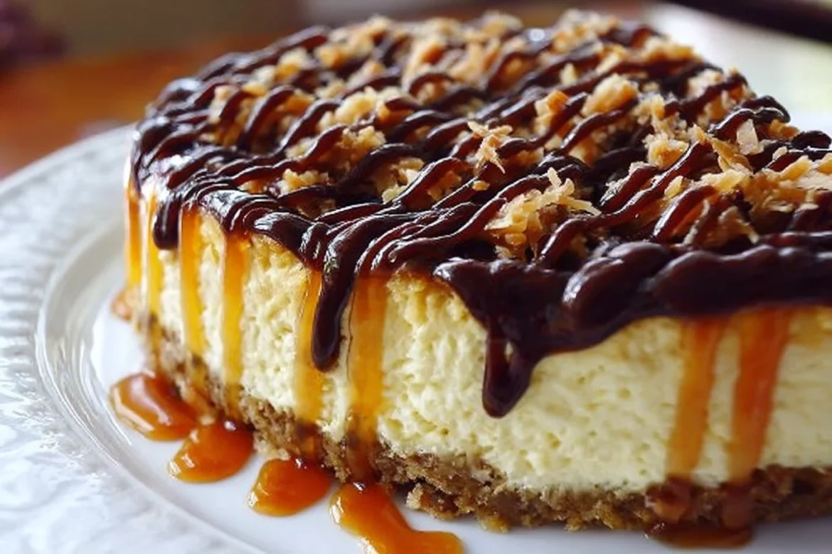 Decadent Samoa Cheesecake topped with caramel and coconut