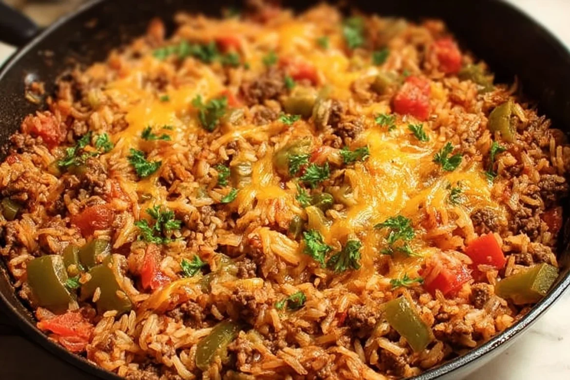 Delicious ground beef and rice skillet dish served in a pan with fresh herbs